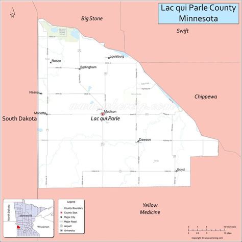 Map of Lac qui Parle County, Minnesota showing cities, highways ...