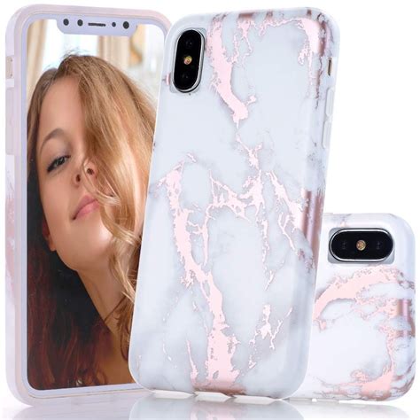 Shiny Rose Gold Metallic White Marble Design Clear Bumper Glossy TPU Soft Rubber Silicone Cover ...