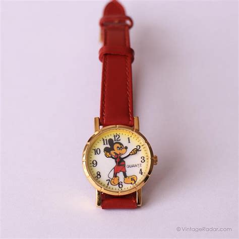 Retro Mickey Mouse Watch for Women on a Red Leather Strap – Vintage Radar