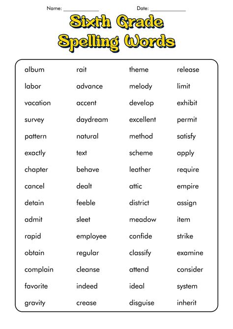 Spelling Word List For 6th Grade