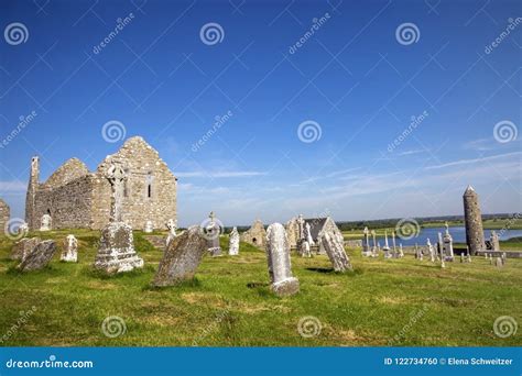 Clonmacnoise Cathedral with the Typical Crosses and Graves Stock Photo - Image of ancient ...