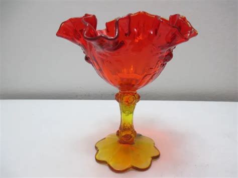 VINTAGE FENTON ART Glass Cabbage Rose Pedestal Candy Dish Compote Amberina LABEL $26.03 - PicClick