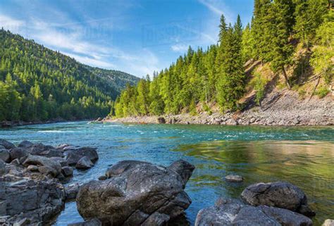 View of Clearwater River and meadows near Clearwater, British Columbia ...