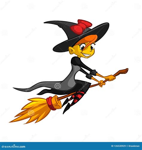 Cartoon Witch Flying on Her Broom. Vector Clip Art Illustration. Stock Vector - Illustration of ...