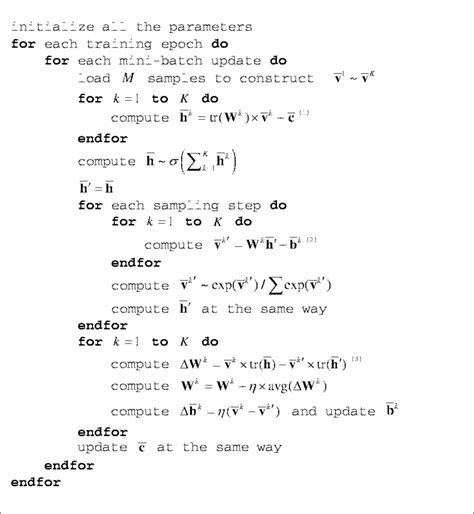 The matrix-based algorithm of training RBM-CF. (1) ~ (3): three main ...