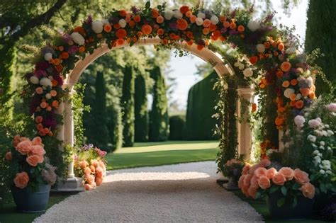 Premium AI Image | The arch is decorated with flowers and greenery.