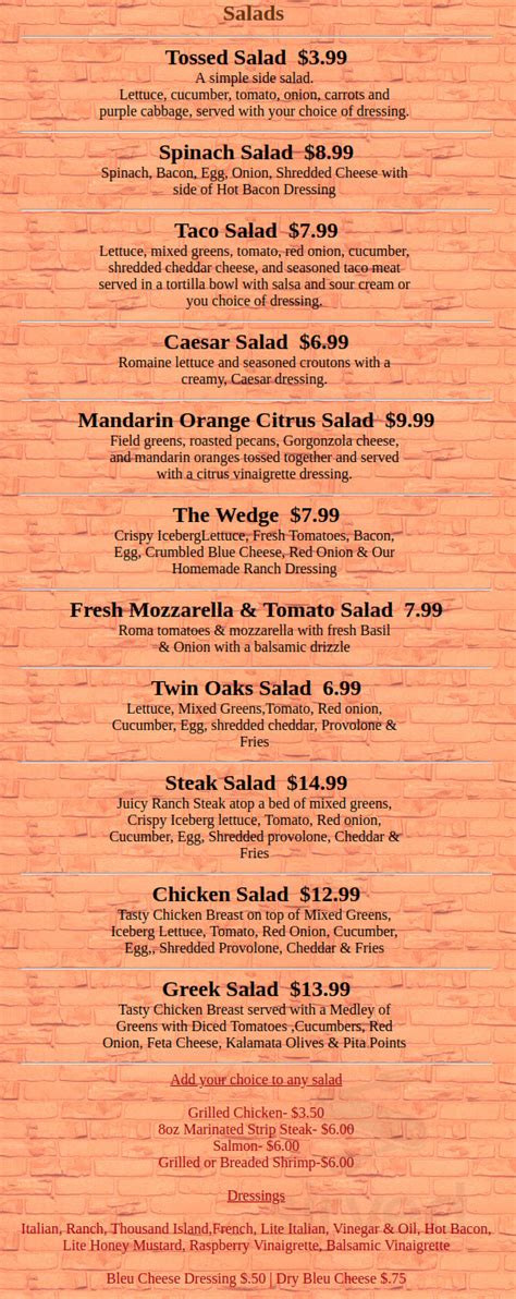 Twin Oaks Lounge menu in White Oak, Pennsylvania, USA