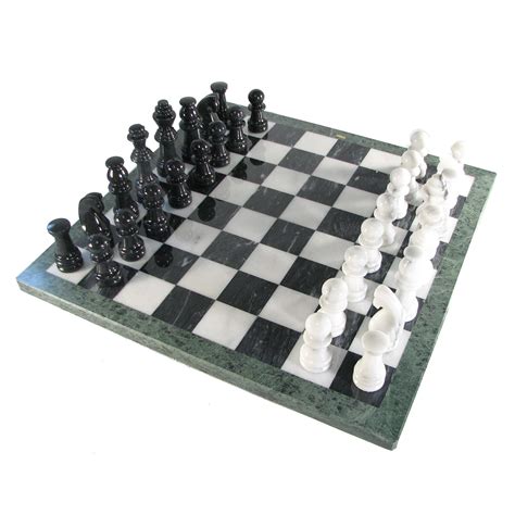 16'' Black and White Marble Chess Set with Green Border