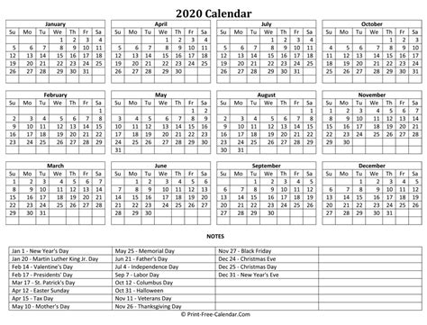 Print Free Calendar 2020