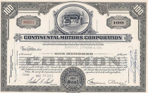 Continental Motors Corporation stock certificate 1961