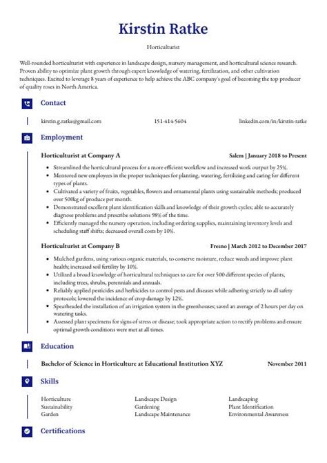 Horticulturist Resume (CV) Example and Writing Guide