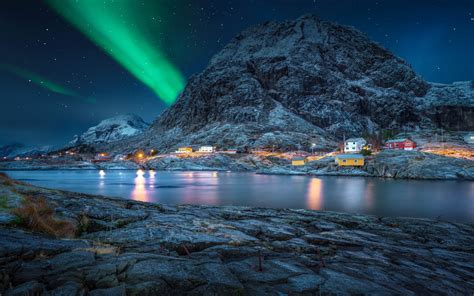 Lofoten Norway Polar Night Green Light Star Sky Night Landscape Desktop ...