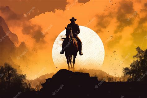 Premium AI Image | Cowboy silhouette on horse at sunset