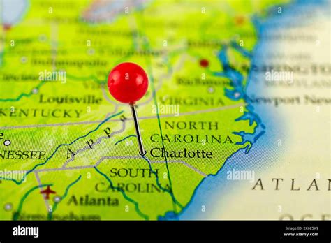 Charlotte map. Charlotte pin map. Close up of Charlotte map with red ...