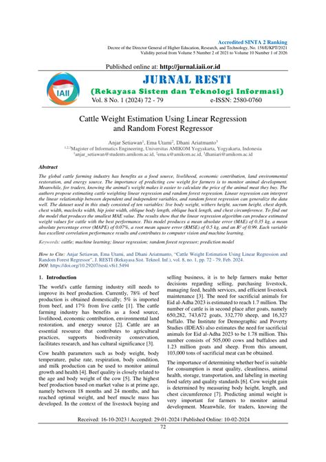 (PDF) Cattle Weight Estimation Using Linear Regression and Random ...