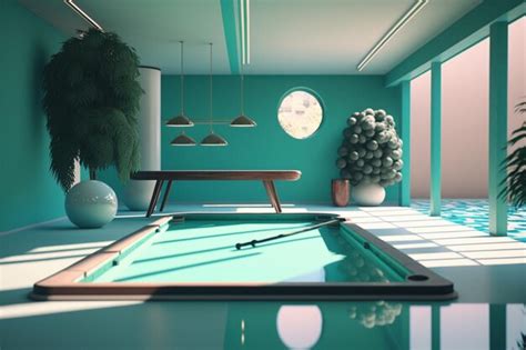 Premium AI Image | A pool table in a room with a plant in the corner.
