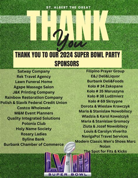 2024 super bowl party Raffle prizes & sponsors! - St. Albert the Great Parish