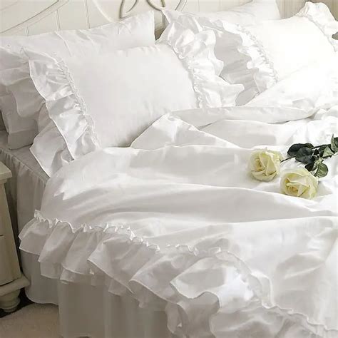 Romantic white falbala ruffle lace bedding sets/princess duvet cover set,solid color comforter ...