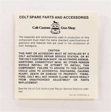 Colt Spare Parts And Accessories. Part No. 91976 Rev. A.. - Custom Shop