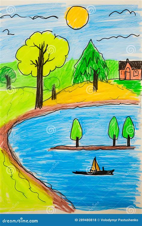 Drawing of Lake with Trees and House in the Background. Generative AI Stock Photo - Image of ...