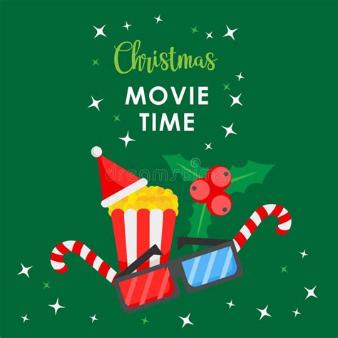 Christmas Movie Time. Cartoon Banner on Green with Popcorn and 3D Glasses Stock Vector ...