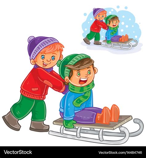 Two boys friends ride a sled Royalty Free Vector Image