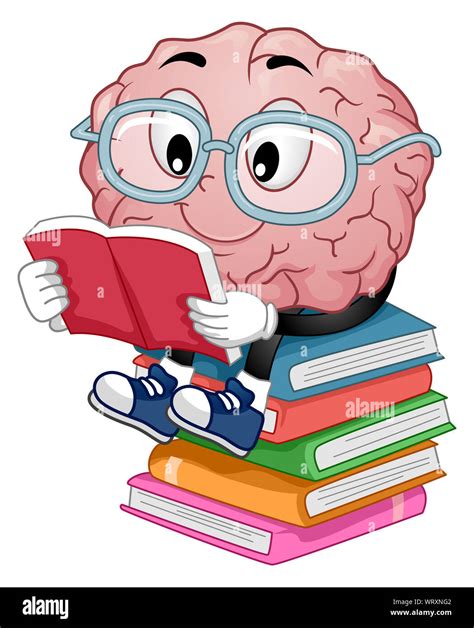 Illustration of a Brain Mascot Sitting on Top of a Stack of Books and Reading One Stock Photo ...