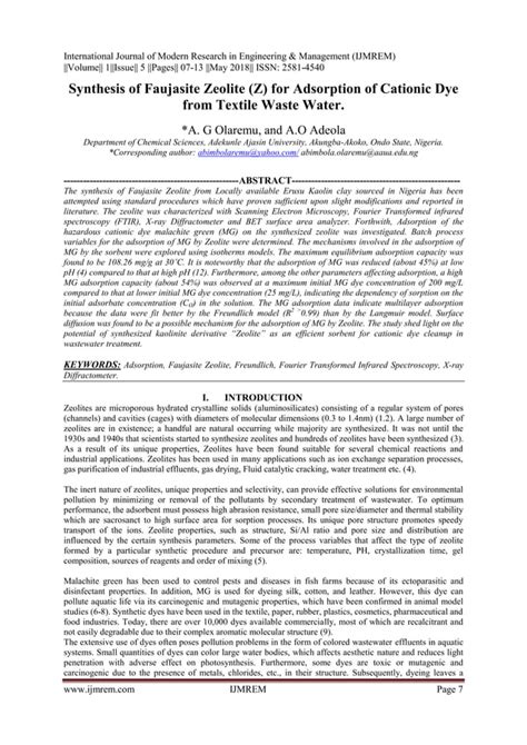 Synthesis of Faujasite Zeolite (Z) For Adsorption of Cationic Dye from Textile Waste Water. | PDF