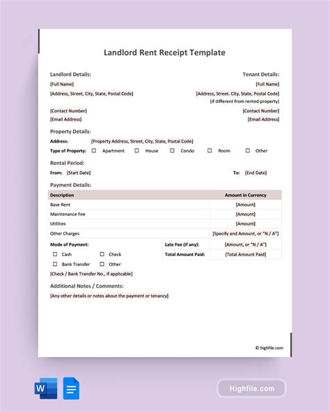 Landlord Rent Receipt Template - Word | Google Docs - Highfile