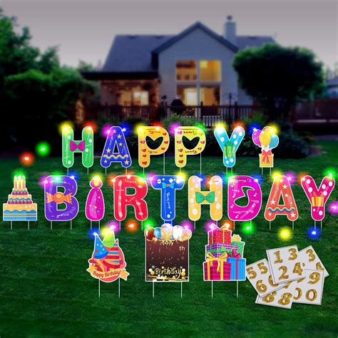 HOMENOTE 18Pcs Happy Birthday Yard Signs with Stakes, 2 x 5m LED Lights ...