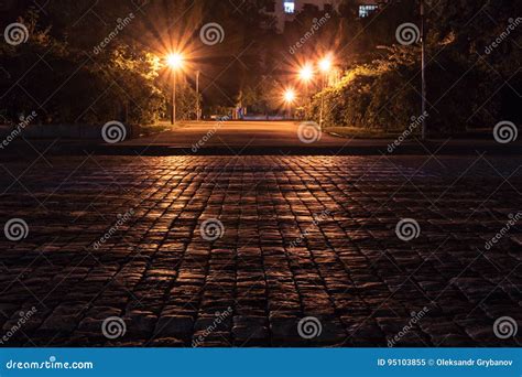 Cobblestone Road in the Night Stock Image - Image of close, lantern: 95103855