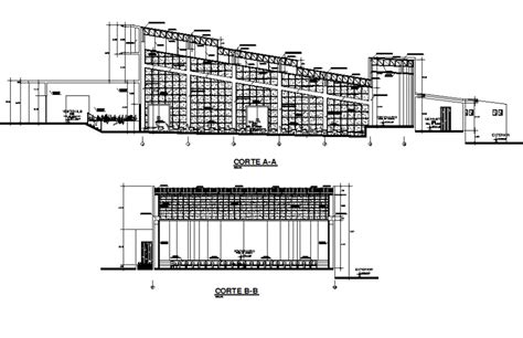 Auditorium hall main section and side section drawing details dwg file - Cadbull