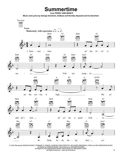 George & Ira Gershwin "Summertime" Sheet Music Notes | Download ...