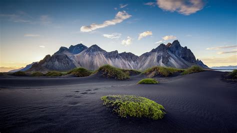 Photo Landscapes Of Iceland Black Sand Beach Rocky Mountain Peaks Blue ...