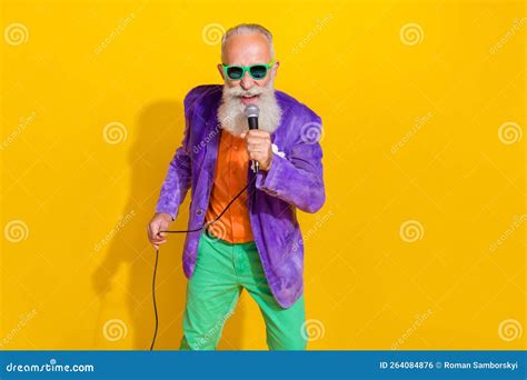 Full Length Photo of Talented Retired Vocalist Music Lover Wear Stylish Bright Costume Enjoy ...