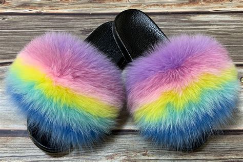 Rainbow Fox Fur Slide for Woman Slipper Furry Slide for Woman | Etsy