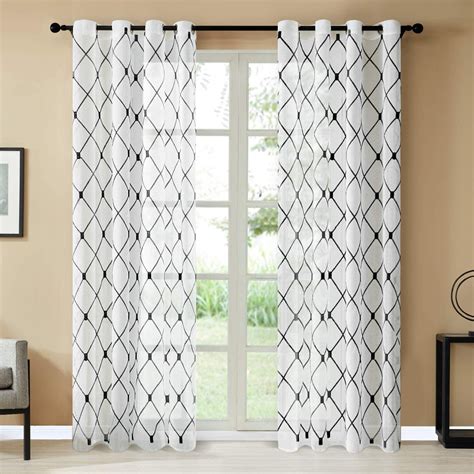 Topfinel White Sheer Curtains 84 Inches Long Black Embroidered Diamond ...