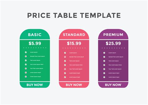 Colorful comparison pricing template. Pricing or subscription plan pricing chart. Price chart ...