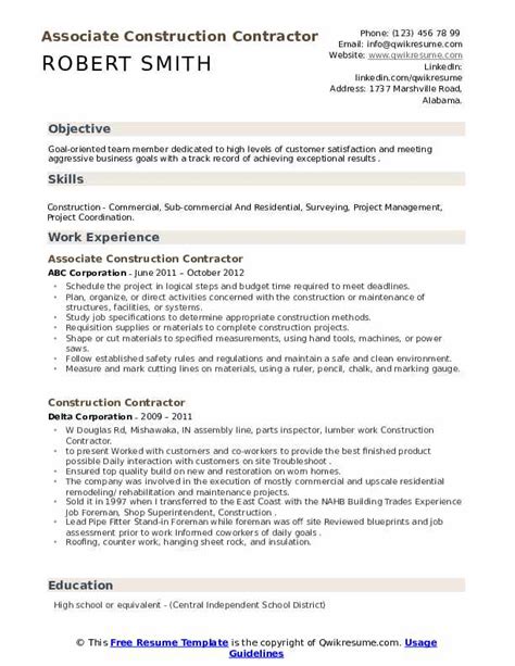 Construction Contractor Resume Samples | QwikResume