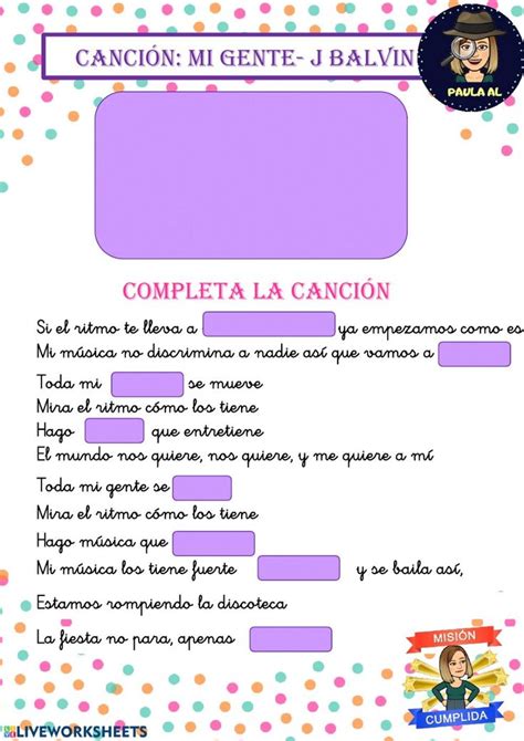 the spanish version of completa la cancion is shown in purple and white