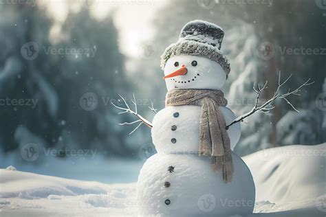 Snowman standing in Winter Christmas landscape. Snow background with ...