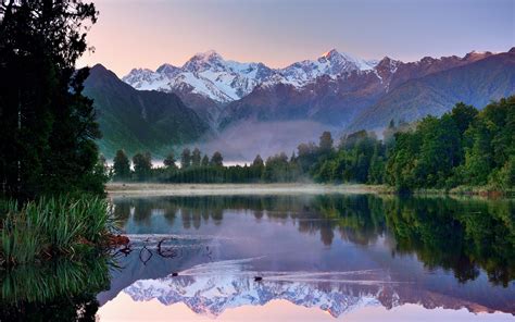 New Zealand morning scenery, mountains, lake, forest, water reflection wallpaper | nature and ...