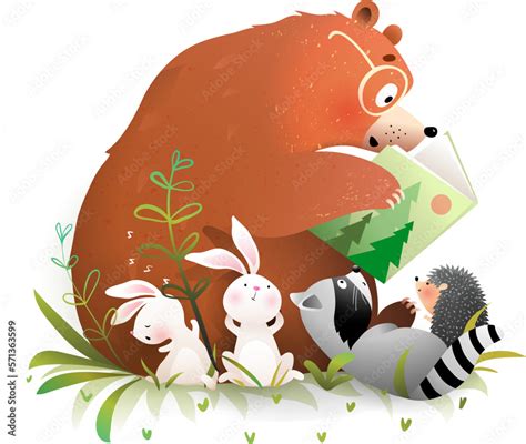 Bear reading a book to animals bunny and raccoon. Cute animals reading ...