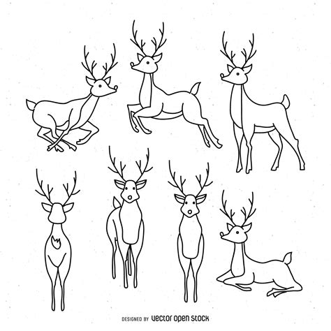 Set of Christmas reindeer outline illustrations in different positions. Friendly… Outline ...