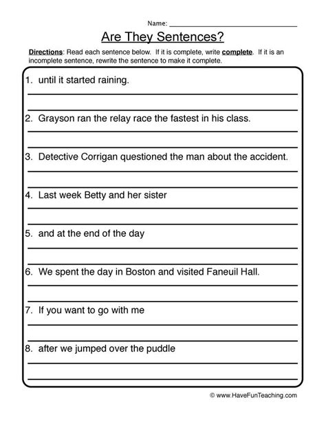 Complete Sentences Worksheets 4th Grade