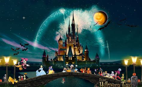 Download Disney Halloween Wallpaper featuring Mickey, Minnie, and villains | Wallpapers.com