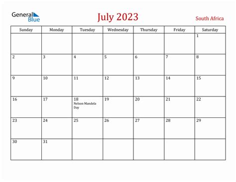 July 2023 South Africa Monthly Calendar with Holidays