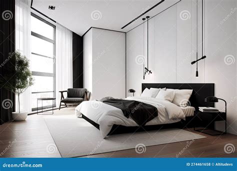 Minimalist Bedroom with Black Furniture and White Bedding Stock ...