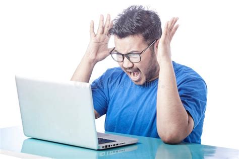 Shouting Man Looking at Laptop Screen in White Background Stock Image - Image of ebusiness ...