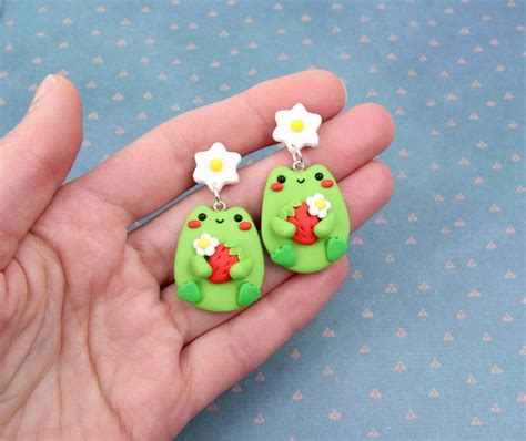 Goblincore Jewelry Frog With Strawberry Necklace Happy Green - Etsy Australia Polymer Clay ...